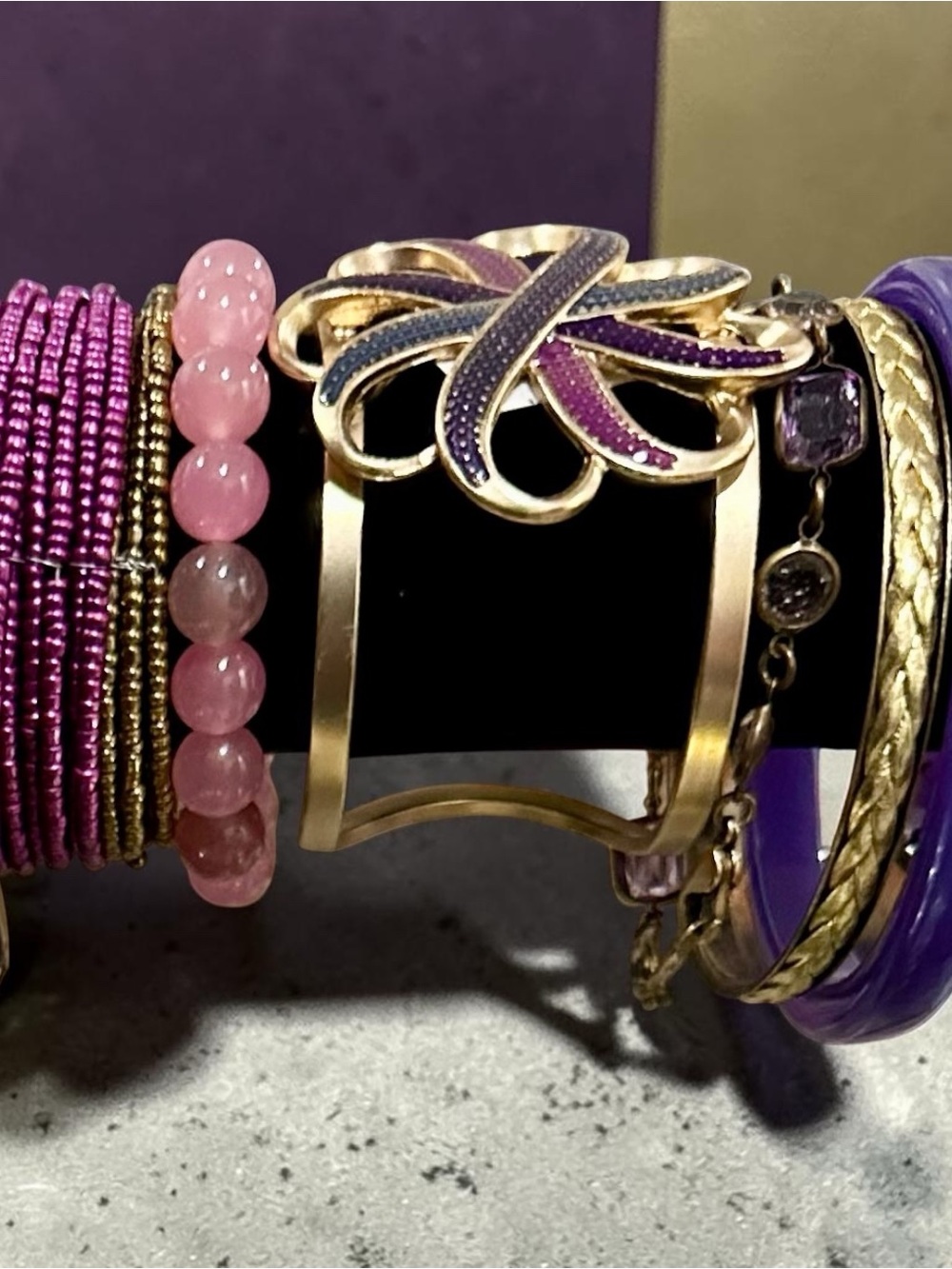 Vintage Boho Purple Gold Bracelet Lot Stack Cuffed Beaded Enamel Bangle Set 8pc - Picture 4 of 8